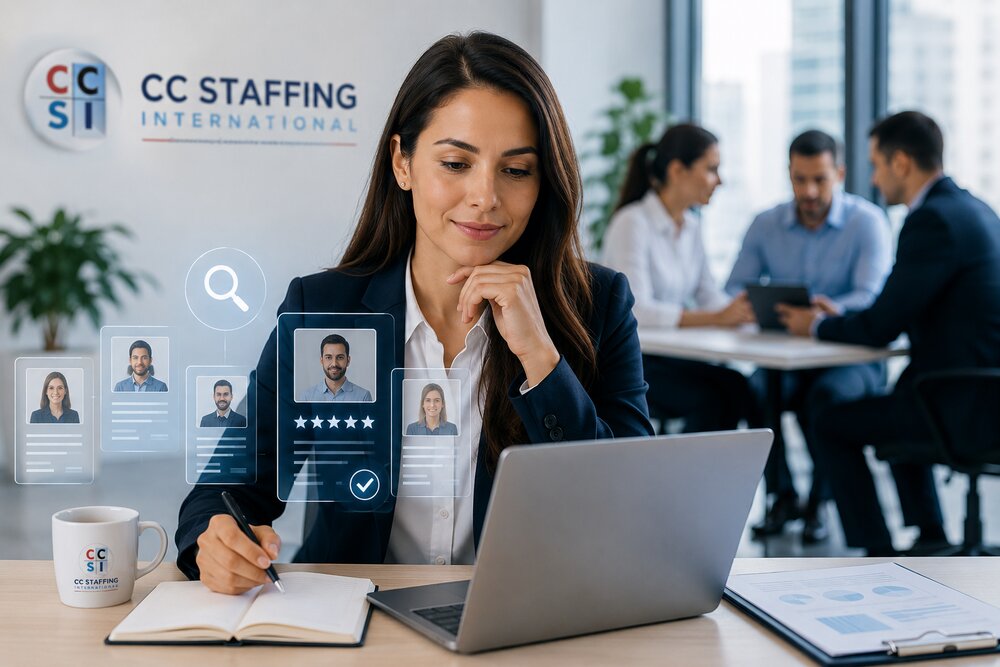 CC Staffing International consultant reviewing shortlisted candidate profiles at her desk
