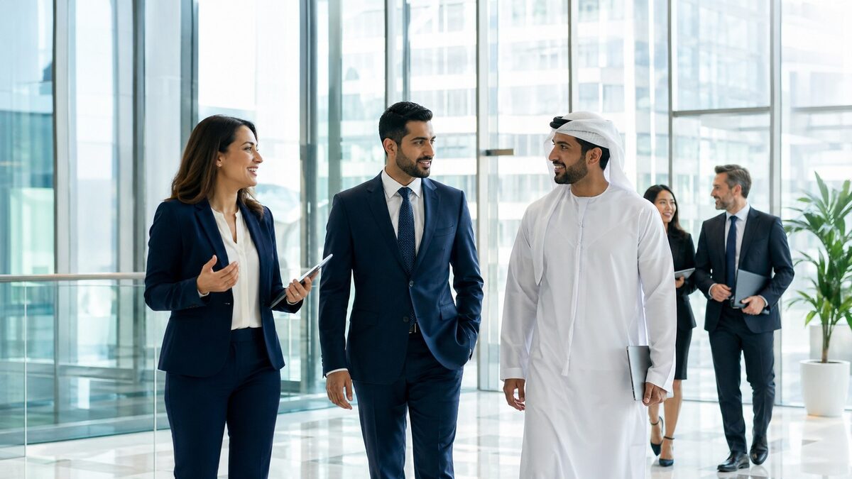 GCC business professionals collaborating in a modern office